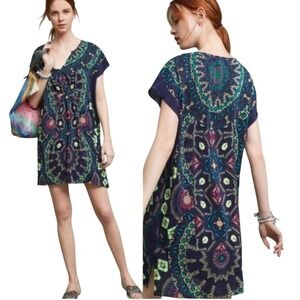 Maeve Anthropologie Silk Medallion Tunic Dress Cover Up w Slip Coastal Boho M